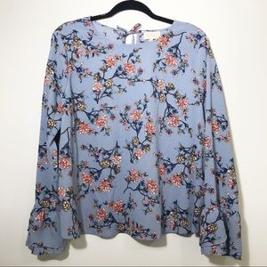 Mello Day Blue Floral Tulip Bell Sleeve Blouse Top